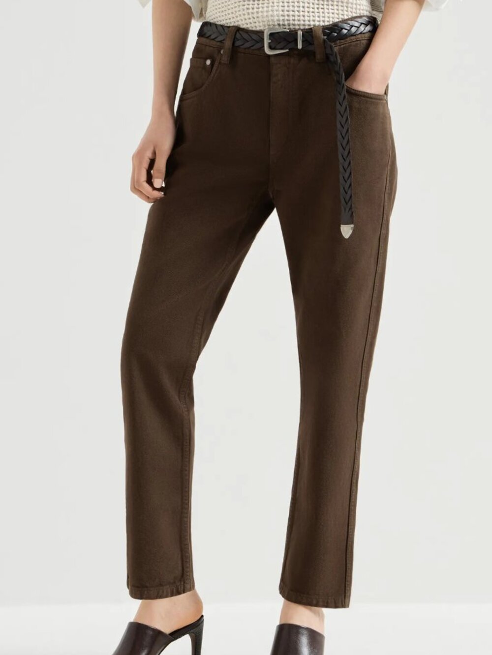 Brunello Cucinelli Monili Jeans Brown Denim Straight Leg Size 8 New Tags $1650